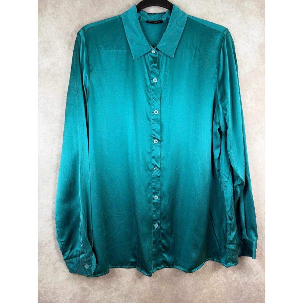 Slipintosoft Blouse XL Teal 100% Mulberry Silk 22mm Button Down Shirt Luxury